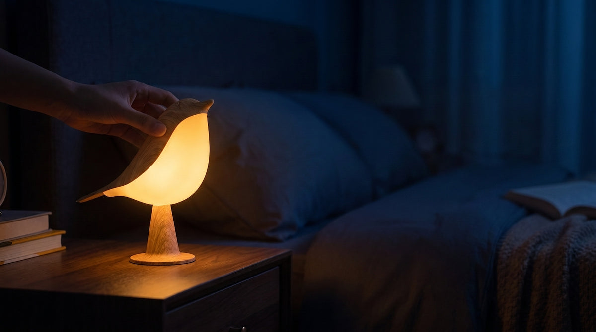 Une main allume La Mésange d’un toucher, dans une chambre plongée dans la nuit