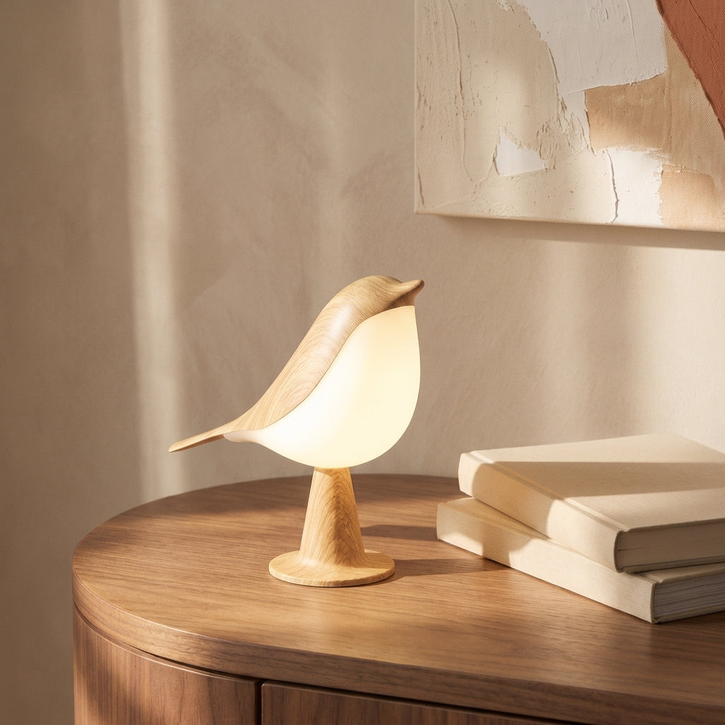 La Mésange, lampe oiseau tactile sans fil, en situation dans un intérieur chaleureux